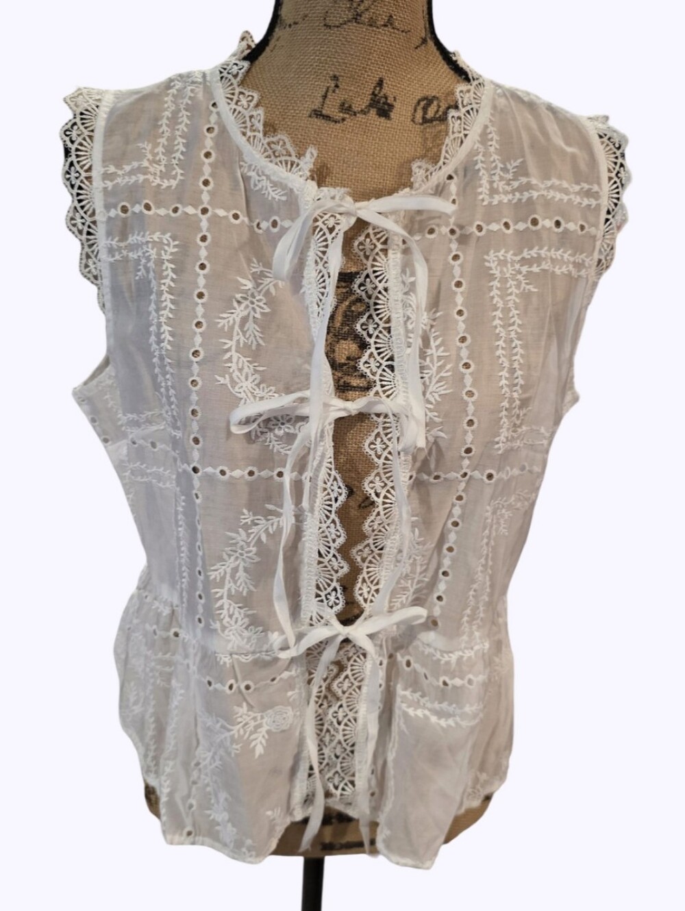 Calypso St. Barth White Cotton Eyelet Lace Tie-Front Vest Top Size Large New